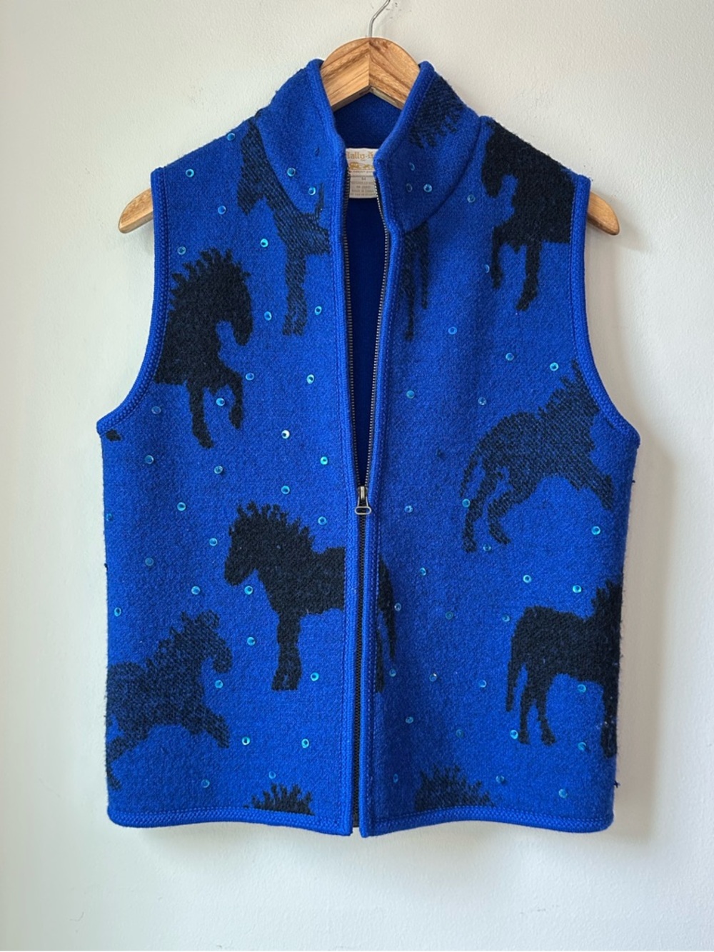 Tally Ho Vintage Blue Horse Wool Zip Vest Size M - Picture 2 of 6